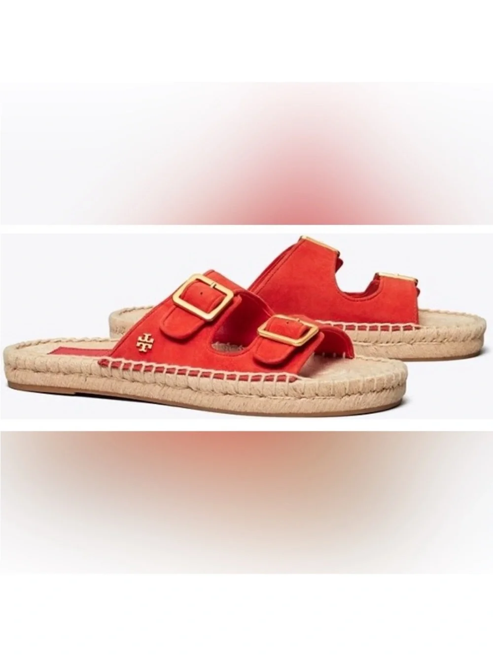 Tory Burch Orange Suede Double-Buckle Espadrille Slide Sandal